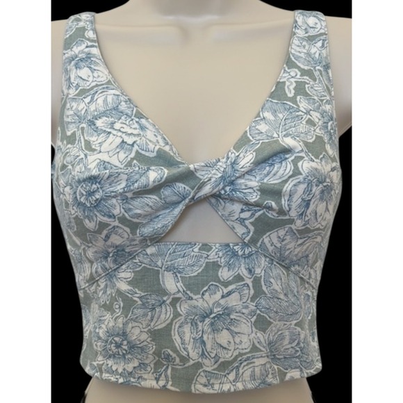 Abercrombie &‎ Fitch Linen Floral Twist Crop Top Womens S Green Smocked Back - Picture 1 of 8